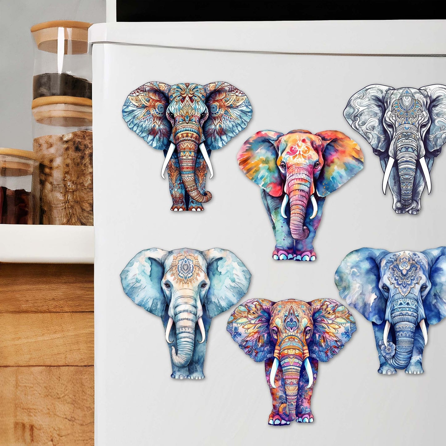 Elephants Decorative Wooden Magnets Set of 6 by G. Debrekht - Wildlife Decor - 8090036G-S6-0