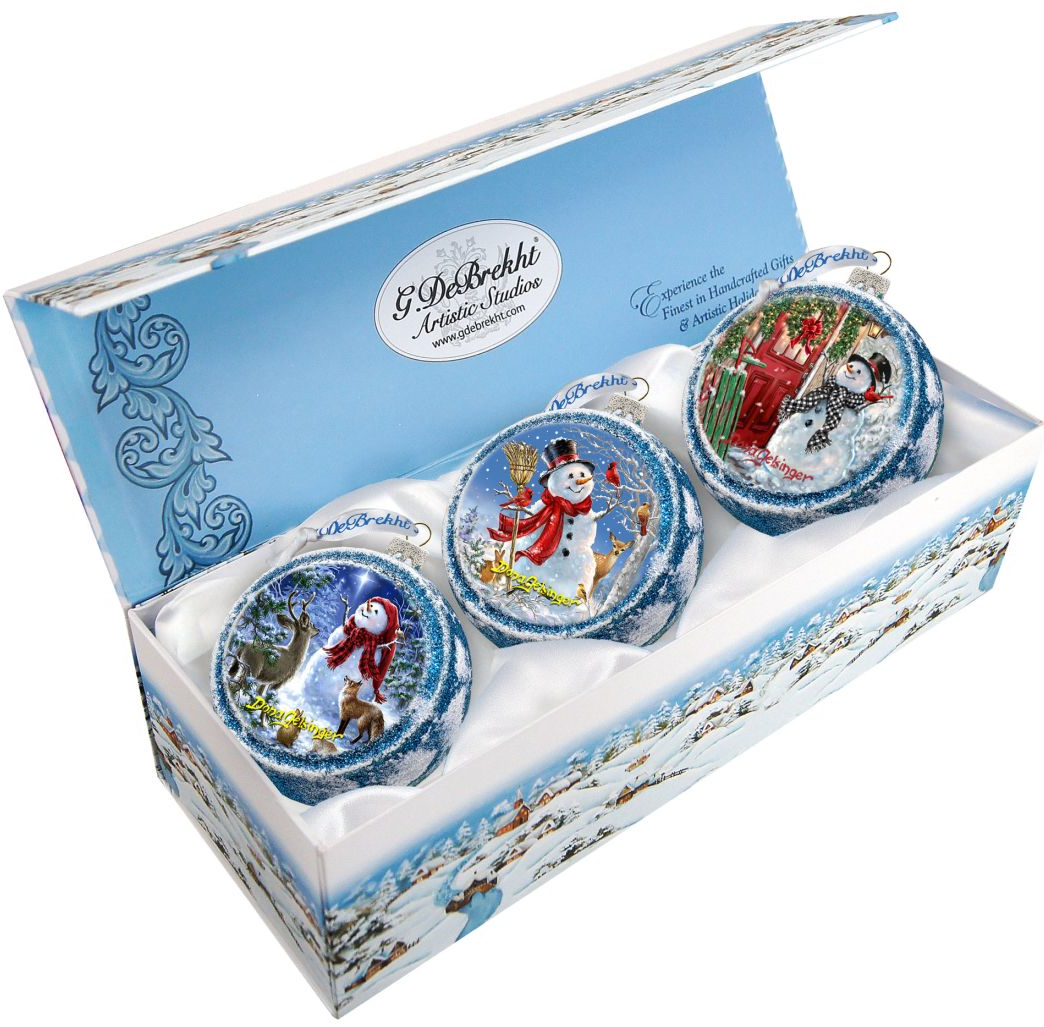 Happy Snowman Glass Ornament Set of 3 by D. Gelsinger - Christmas Santa Snowman Decor - 73743-S3-DG-0