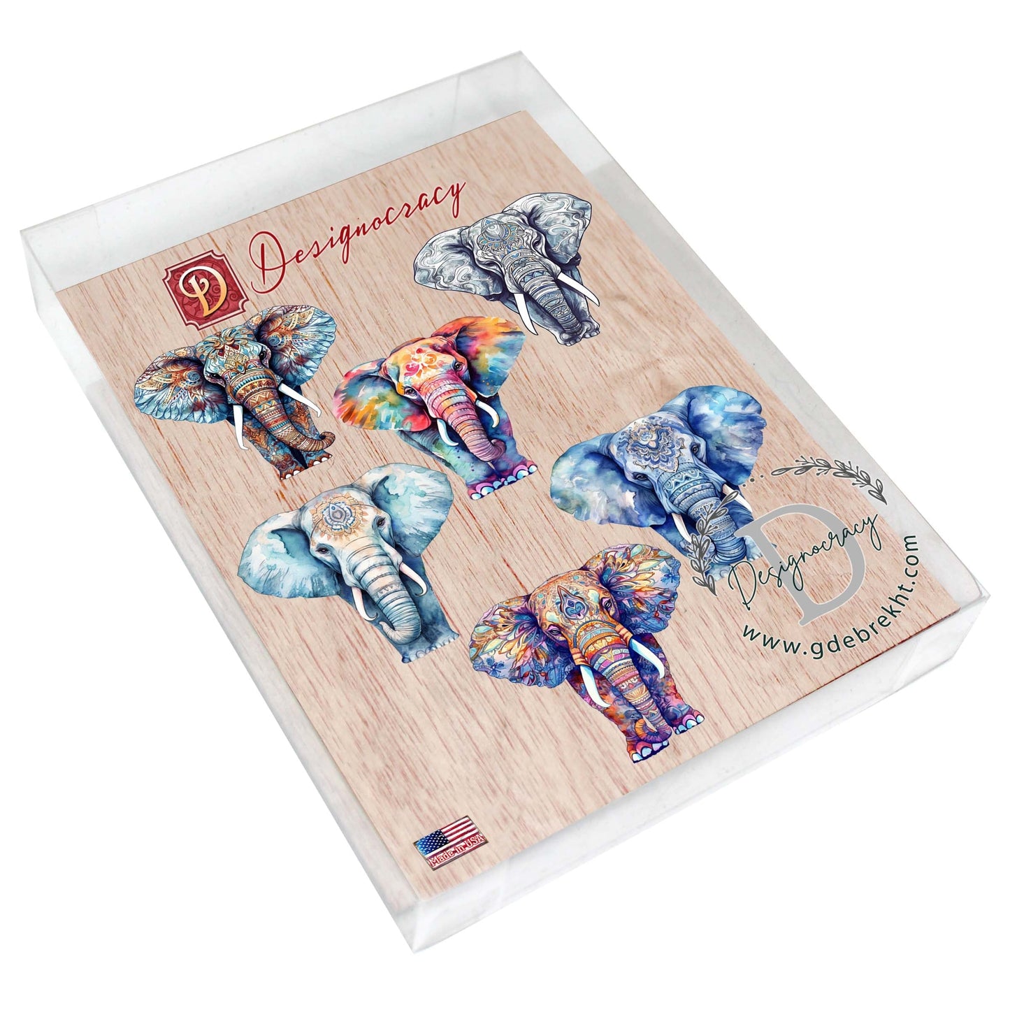 Elephants Decorative Wooden Magnets Set of 6 by G. Debrekht - Wildlife Decor - 8090036G-S6-2