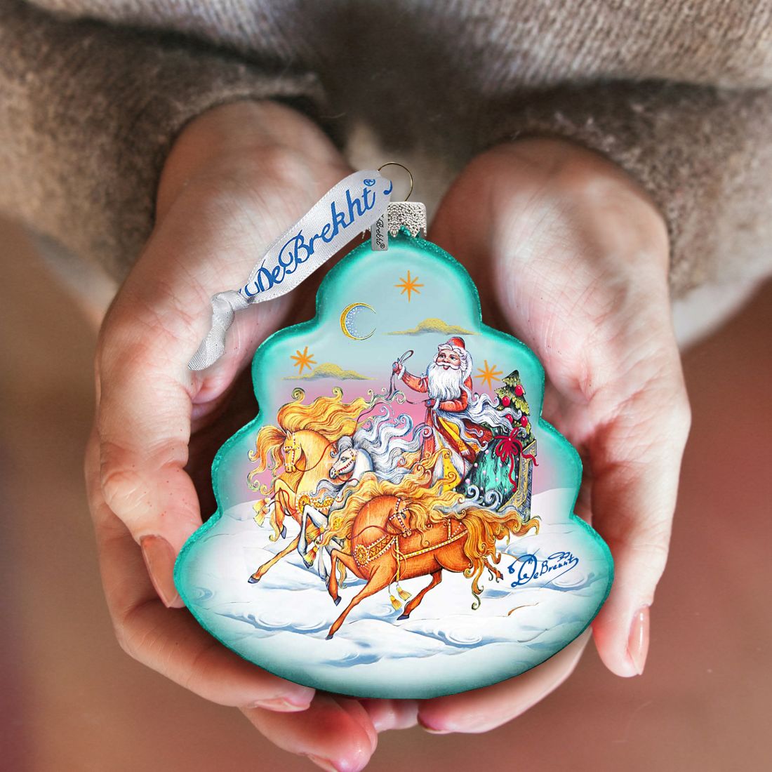 Sleigh Ride Tree Glass Ornament by G. DeBrekht - Christmas Santa Snowman Decor - 762-018-4