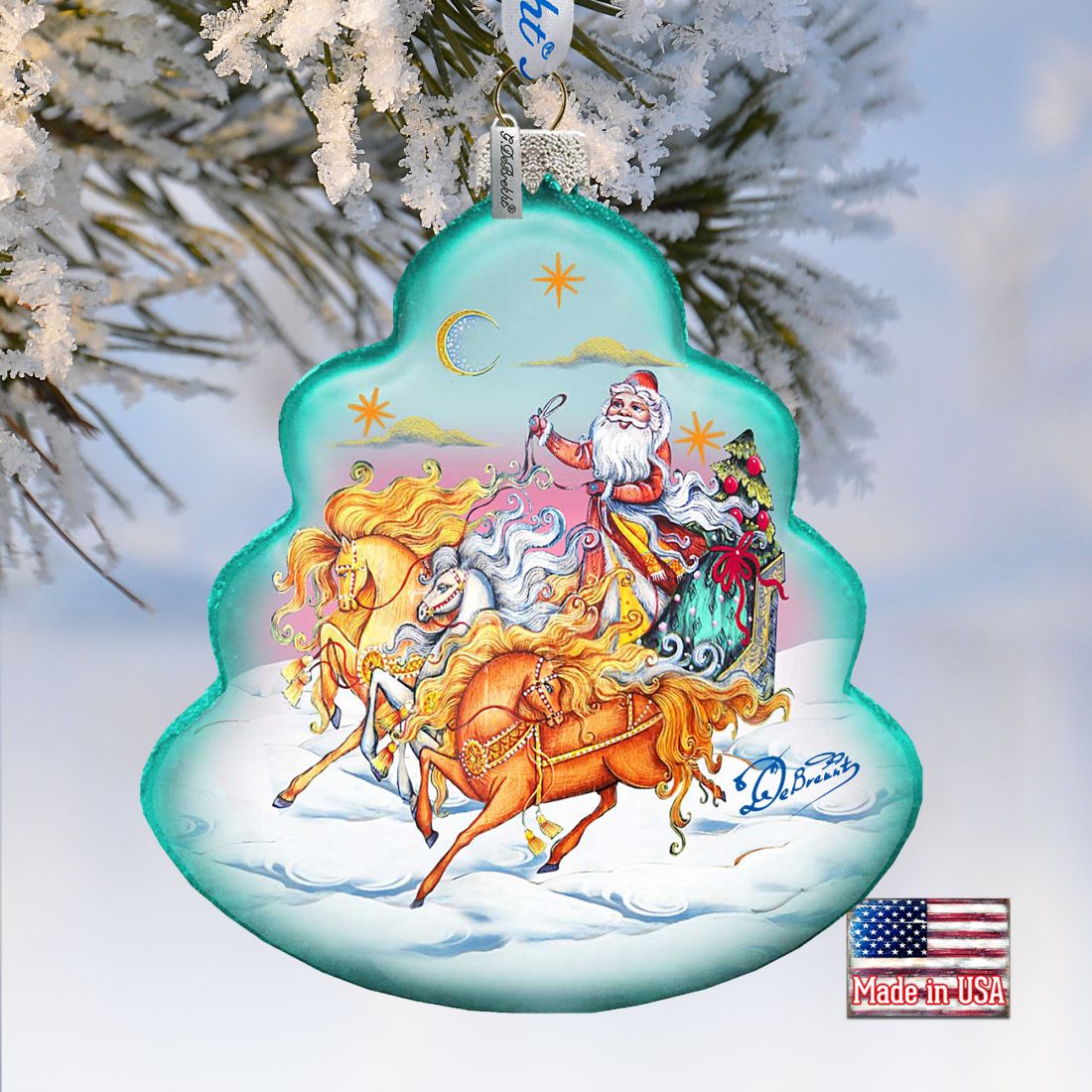 Sleigh Ride Tree Glass Ornament by G. DeBrekht - Christmas Santa Snowman Decor - 762-018-1