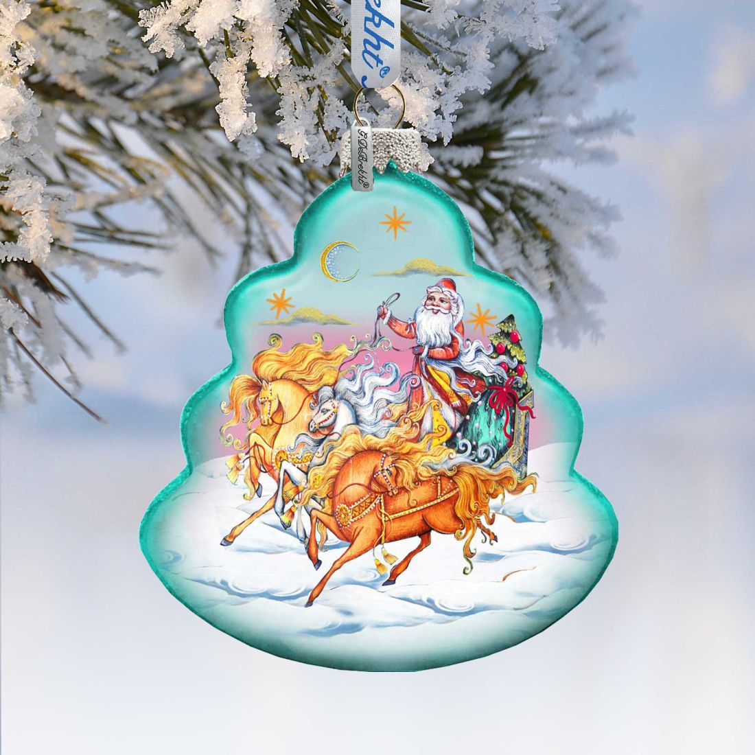 Sleigh Ride Tree Glass Ornament by G. DeBrekht - Christmas Santa Snowman Decor - 762-018-2