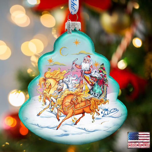 Sleigh Ride Tree Glass Ornament by G. DeBrekht - Christmas Santa Snowman Decor - 762-018-0